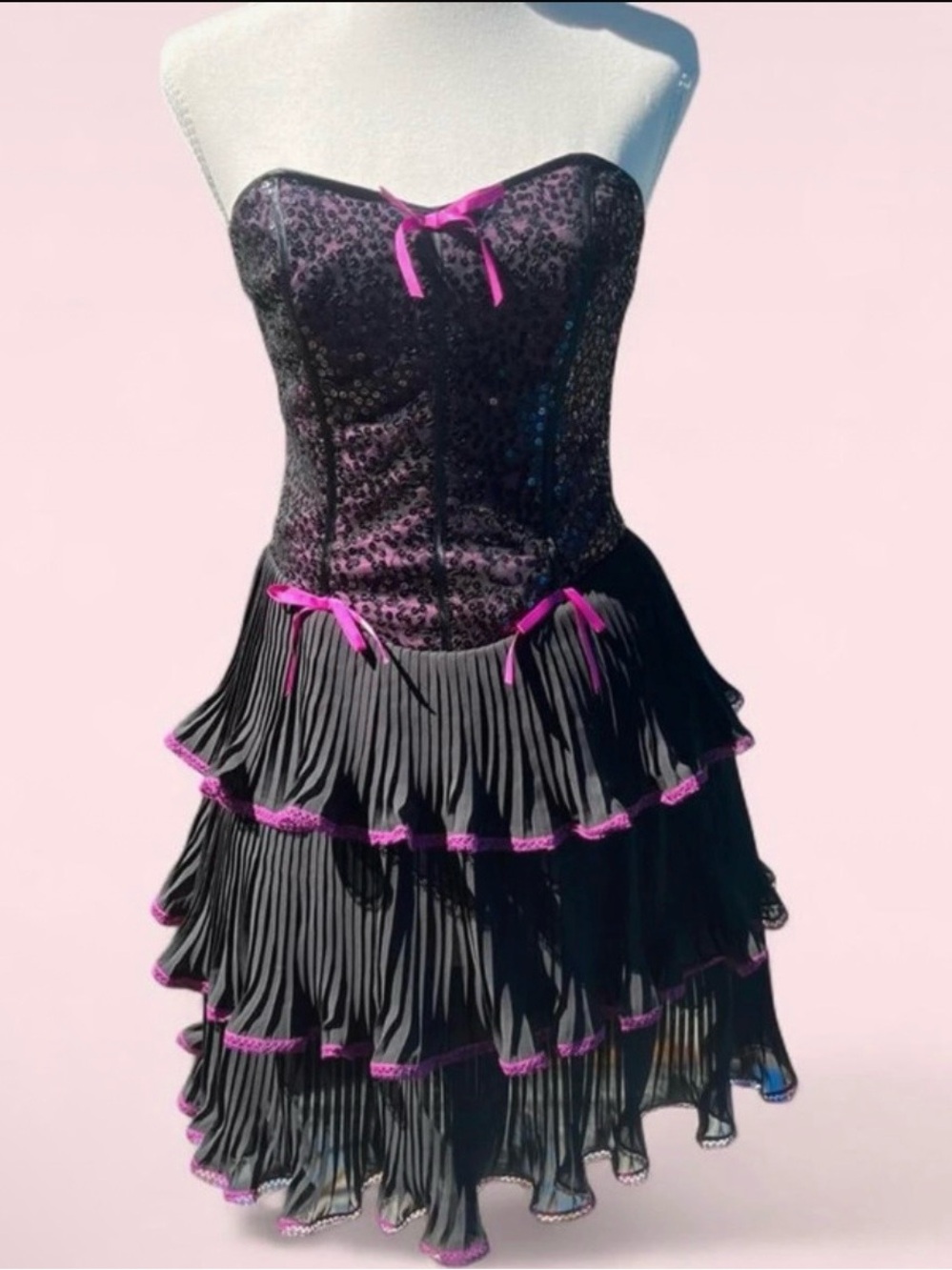 Vintage Y2K Betsey Johnson Strapless Sequin Corset Cupcake Tiered Dress